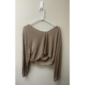 SweatyRocks Brown Ribbed V Neck Ribbed Knit Long Sleeve Crop Top (XL)